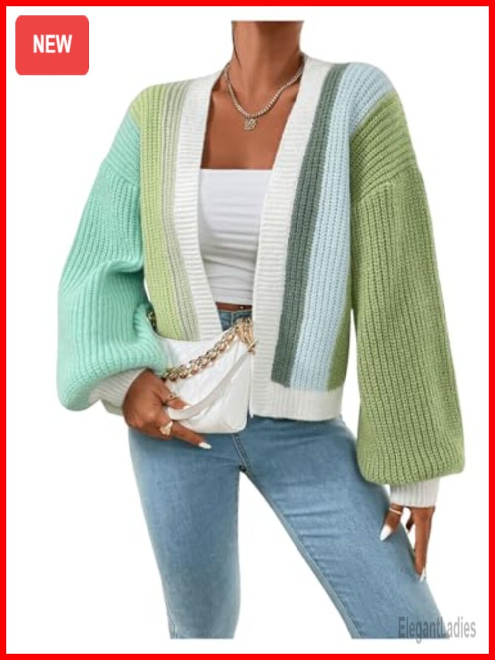 Color Block Open Front Ribbed Knit Cropped Cardigan Sweater - Picture 3 of 6